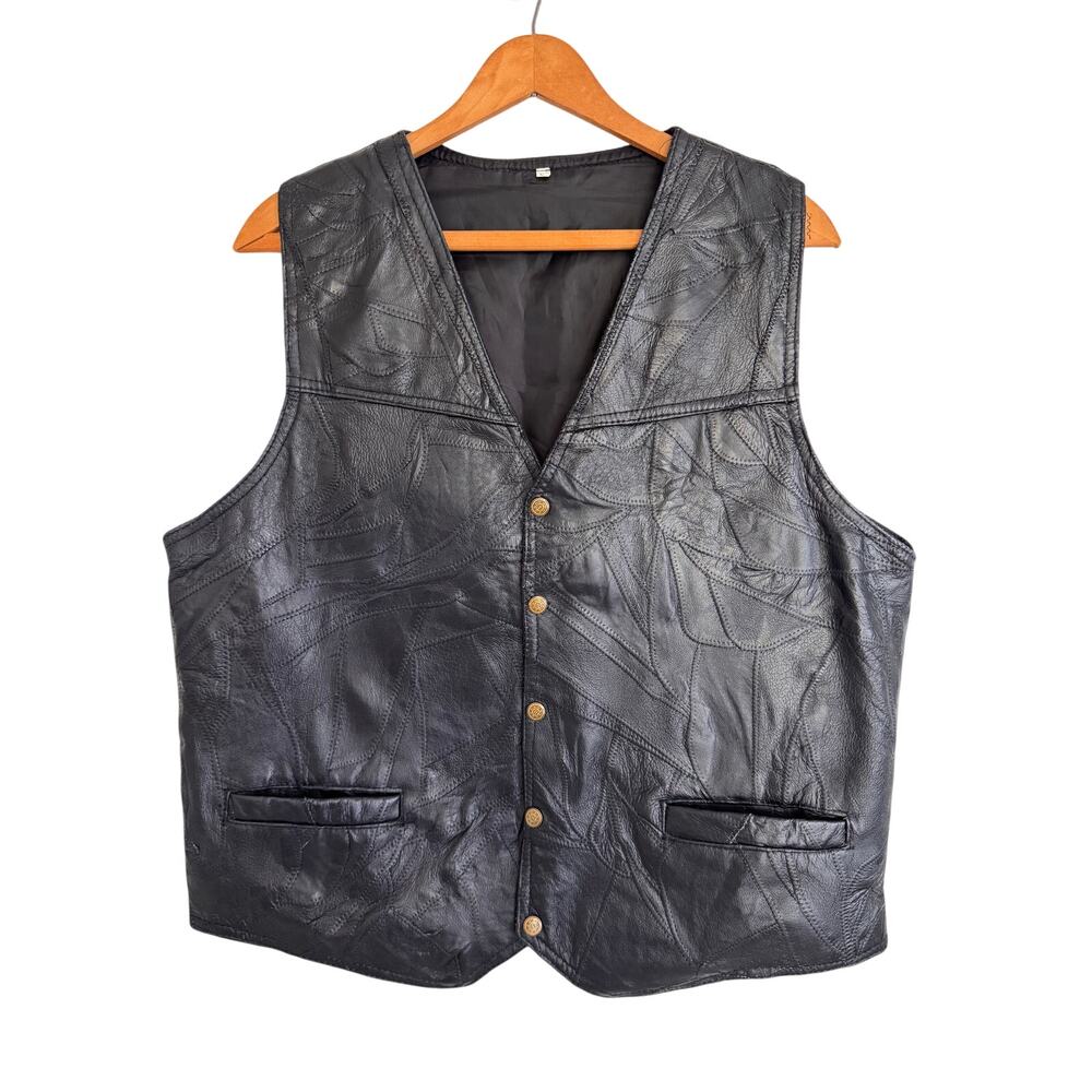 Genuine Leather Vest Black Patchwork Snap Front Size L